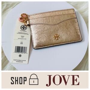 NEW $130 Tory Burch Emerson Shiny Gold Slim Card Case Wallet